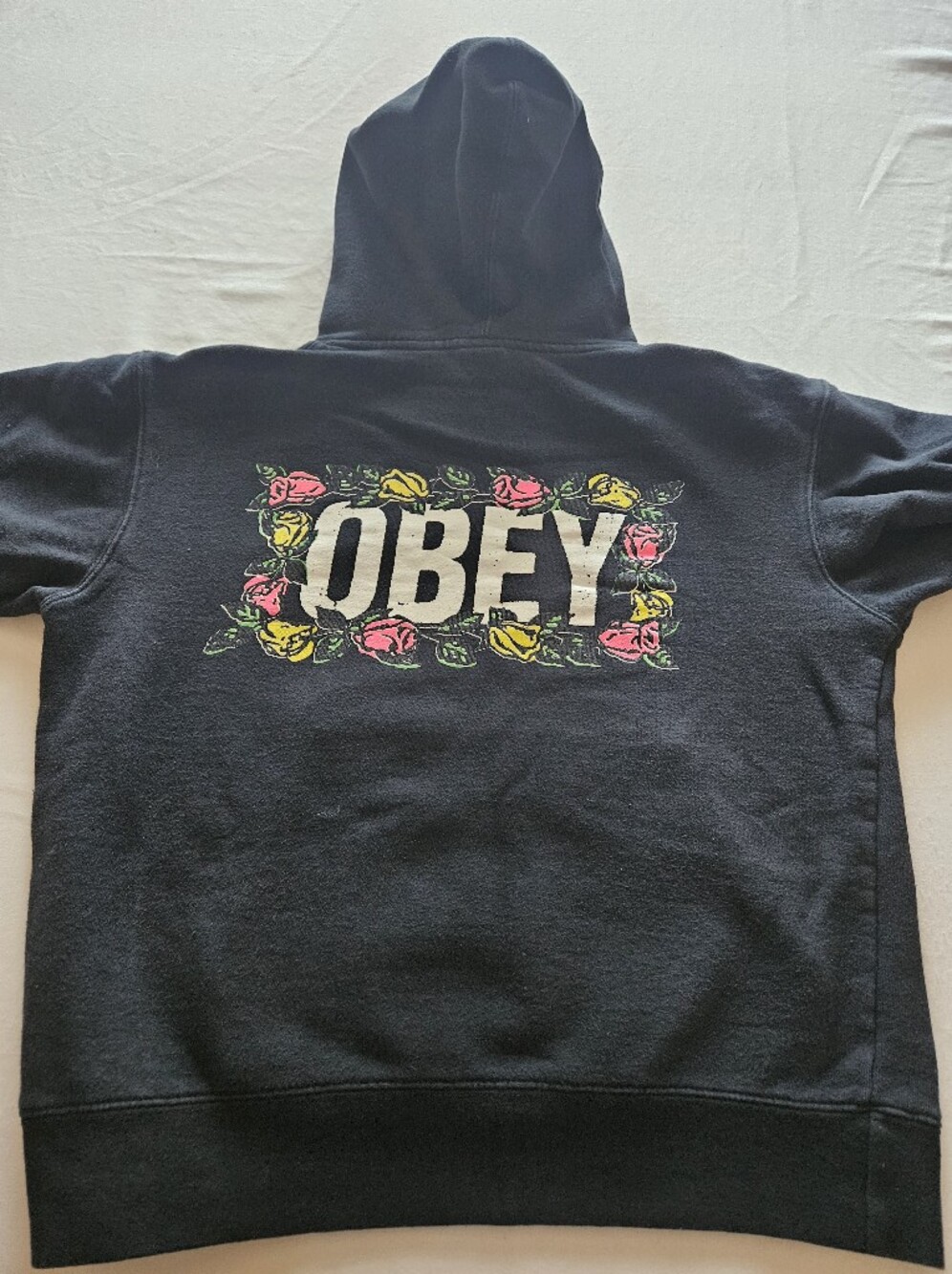 OBEY Black Graphic Hoodie Unisex Sweatshirt - Floral Logo Size Small